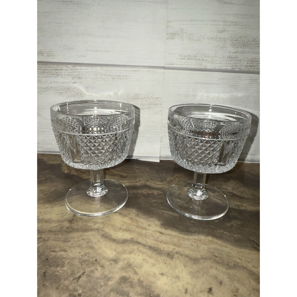 2 Fostoria Paneled Diamond Point 4 1/2" Champagne Sherbet Stemmed Glass Signed